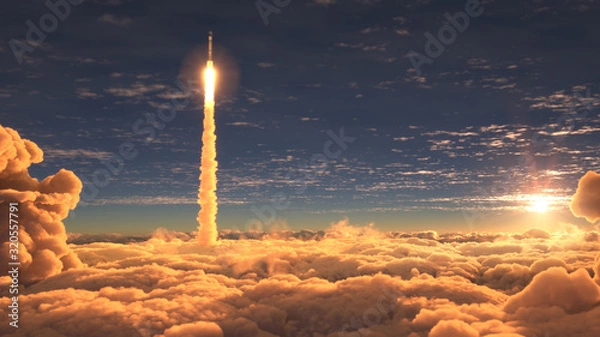 Fototapeta Rocket flies through the clouds at sunset