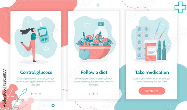 Fototapeta Kontrola poziomu glukozy, dieta i leki. Szablon ekranów wprowadzających do aplikacji mobilnych i stron internetowych. Pojęcie medycyny cukrzycy.