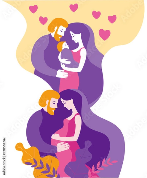 Fototapeta A pregnancy couple dreams of a child. Illustration in delicate colors. Vector illustration in flat style.