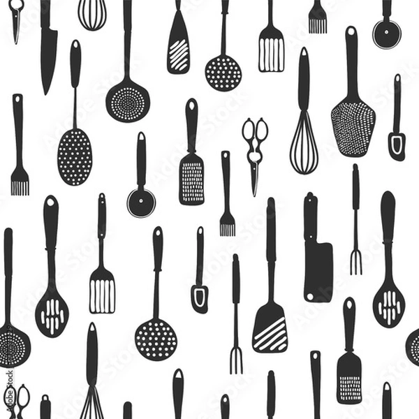 Fototapeta Sketch doodle illustration of kitchen tools, ware, accessories, appliances, equipment, utensils, such as knives, forks, spoons, brush, chopper, peeler, whisk, seamless pattern