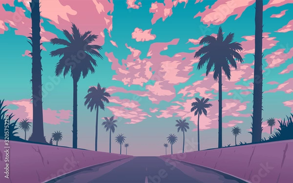 Obraz Evening road with palm trees. Palm trees against the background of the purple sunset. Vector illustration