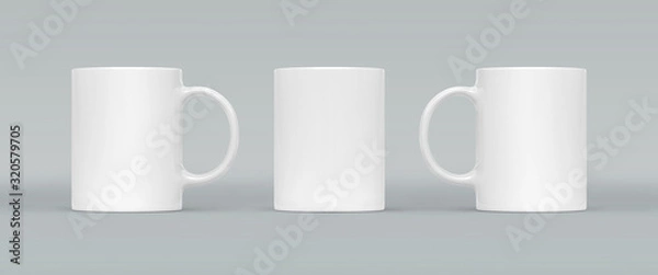 Fototapeta White coffee or tea cup on gray background. Blank mug mock up with different sides. Empty gift pint set branding template. Glassy restaurant tankard for your design.