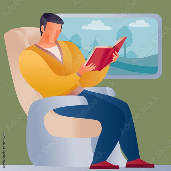Fototapeta man traveling by train or going to a business meeting, the landscape is visible in the window and he is reading a red book,