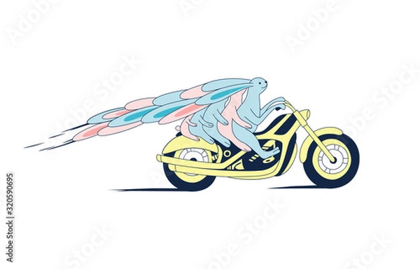 Fototapeta Big rabbit family on a motorbike hand drawn vector cartoon illustration. Cute bunnies travel with kids. Quick ride on a motorcycle. Postcard, kid’s book design element.