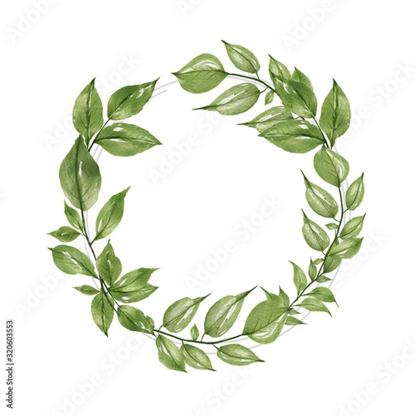 Obraz Watercolor composition with twigs on white background. Wreath, frame, border. Greeting card, poster, banner with space for text
