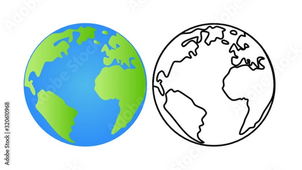 Fototapeta Earth globe isolated on white background and world map in black,white and bright color. Vector illustration in flat design.