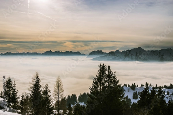 Fototapeta amici in gita in montagna, con alpacas, in inverno, sopra le nuvole, al tramonto
