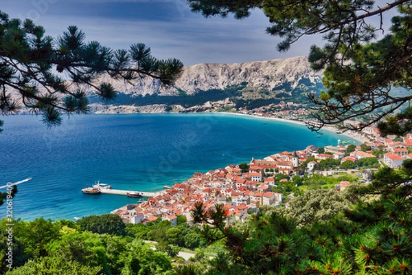 Obraz Aerial view of Baska town. Bright summer seascape of Adriatic sea, Krk island, Kvarner bay, Croatia, Europe. Splendid morning cityscape of Bashka town.  Beautiful world of Mediterranean countries.