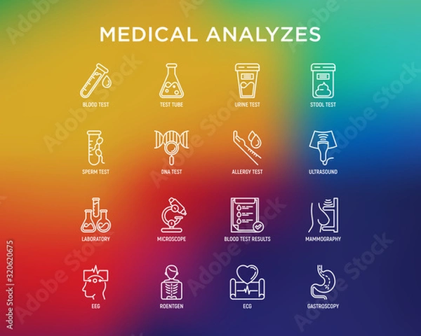 Fototapeta Medical analyzes thin line icons set: blood test, urine test, stool, ECG, mammography, sperm, DNA, ultrasound, EEG, X-ray, gastroscopy. Vector illustration for laboratory web page.