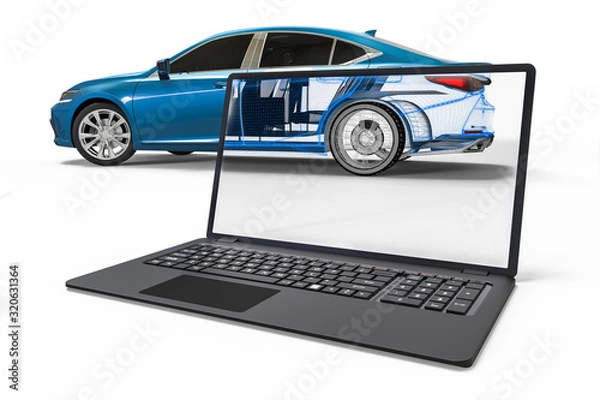 Fototapeta 3D rendering representing an x-ray of a car with a laptop.