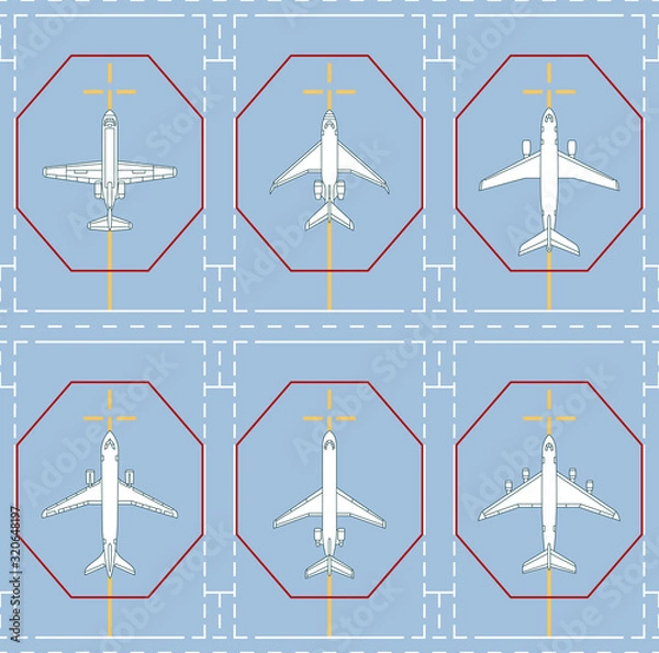 Fototapeta seamless pattern with passenger airplanes on the parking apron