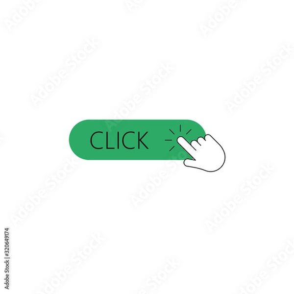Fototapeta Click here button with hand pointer clicking. Vector illustration.