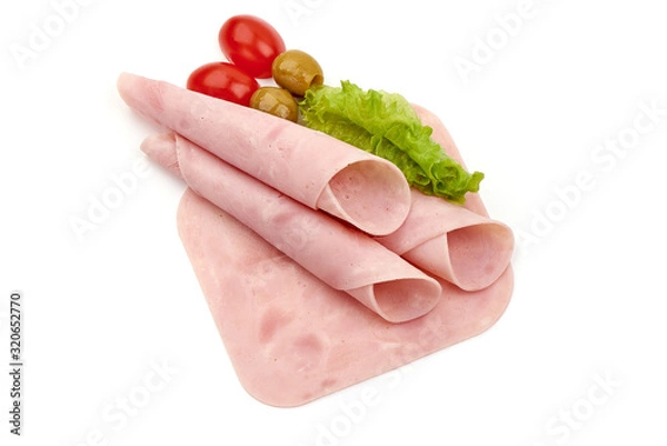 Fototapeta Sliced boiled ham, isolated on white background