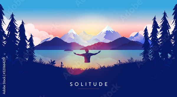 Fototapeta Solitude - Enjoy being alone in nature. Lonely man taking a bath in a calm lake with a beautiful view of mountains and sunset. Silence, peace and recreation concept.