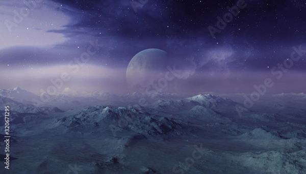 Obraz Grafika kosmiczna: Alien Planet - Fantasy Landscape z błękitnym niebem i gwiazdami