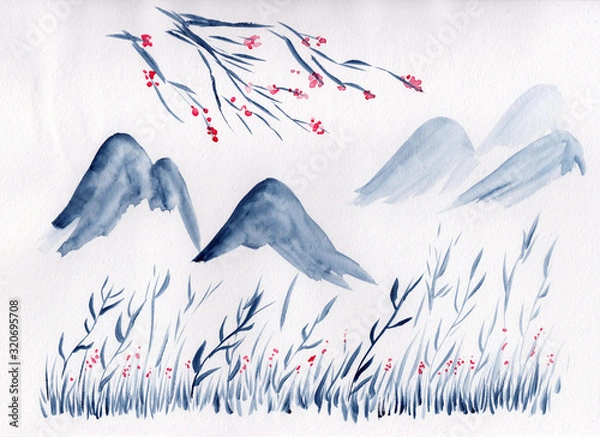 Fototapeta Watercolor landscape of mountains, tree & grass in Chinese Ink technique. Hand drawn calm mountains background for relaxation, meditation & restoration. Paper arts sketch. Asian style sumi-e painting
