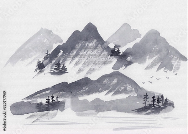 Fototapeta Watercolor painting of asian mountains with pine trees. Hand drawn oriental style landscape illustration with layers of rocks. Concept for decoration, relaxation, restore, meditation background.