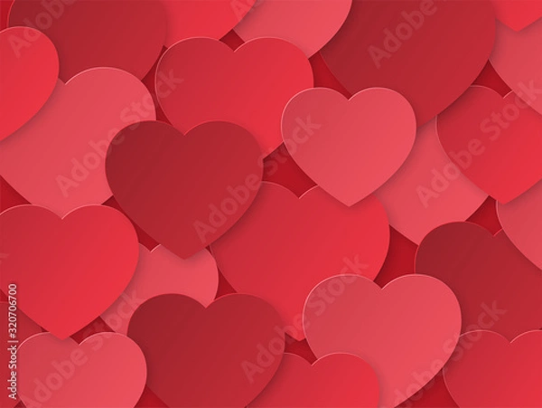 Fototapeta Background with red paper hearts. Template with place for text. Design for Valentine's Day. The 14th of February. Texture paper cut.