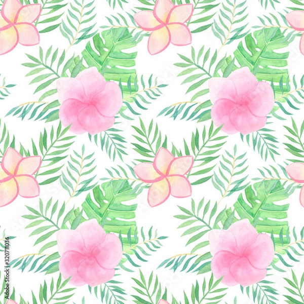 Fototapeta Tropical flowers watercolor hand drawn seamless pattern on white background. Trendy spring, summer background with tropical leaves and exotic flowers. Modern tropical print for summer fashion