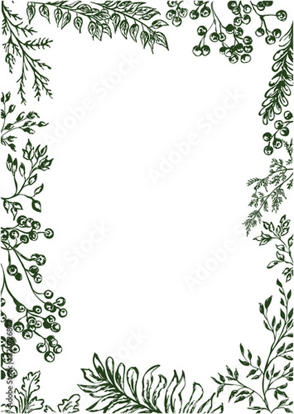 Fototapeta Plants frame, botanical border with leaves and berries