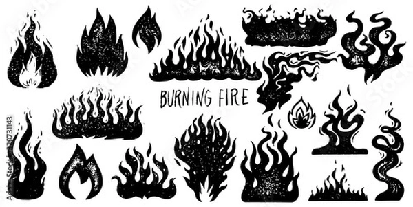 Fototapeta Set of flame and fire in vintage style. Hand drawn engraved monochrome bonfire sketch. Vector illustration for posters, banners and logo.