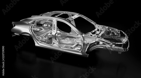 Obraz Side view of production sedan car stainless steel or aluminium body and chassis frame. Metallic vehicle framing base isolated against black background with reflections. 3D rendering illustration.