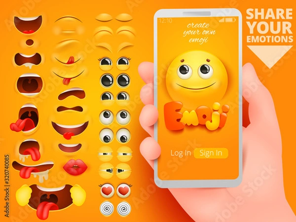 Fototapeta 3d diy set on yellow backdrop. Emoji creation kit application for symbol icon design. Emotion smile cartoon. Facial expression. Sticker vector collection.