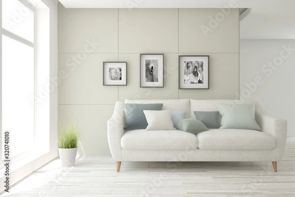 Fototapeta Stylish room in white color with sofa. Scandinavian interior design. 3D illustration