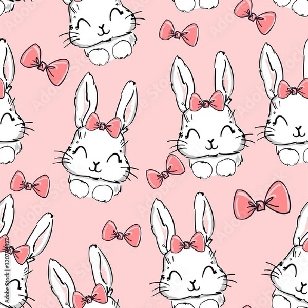 Fototapeta Childlike rabbit with bow Vector illustration. Pattern seamless.