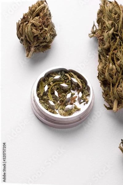 Obraz marijuana cones next to a grinder on a white background copy space