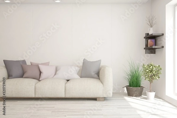Fototapeta Stylish room in white color with sofa. Scandinavian interior design. 3D illustration