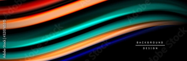Fototapeta Silk and smooth flow wave poster design. Color waves, liquid style lines and shapes in black color background