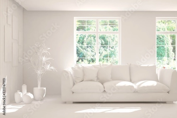 Fototapeta Mock up of stylish room in white color with sofa and green landscape in window. Scandinavian interior design. 3D illustration
