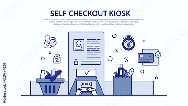 Fototapeta Vector colorful instruction for self checkout kiosk at the grocery shop. Describing the necessary actions scan, pack, and pay. Illustration flat thin line design, infographics elements. EPS 10