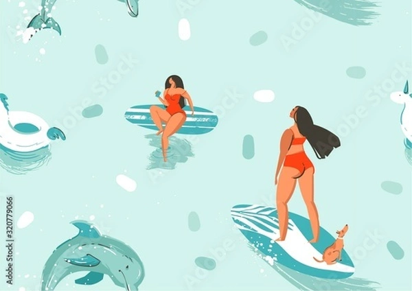 Fototapeta Hand drawn vector stock abstract cute summer time cartoon illustrations seamless pattern with surfboard girls and dolphins in blue ocean water backgroun