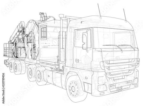 Fototapeta Coiled tubing Truck unit machine. The layers of visible and invisible lines are separated. EPS10 format. Wire-frame.