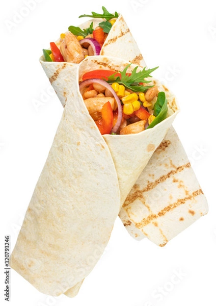Obraz Tortilla wrap with fried chicken meat and vegetables isolated on white background