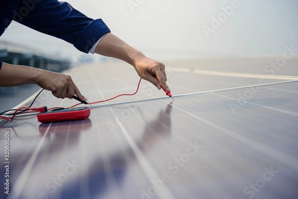 Fototapeta Engineer check solar photovoltaic panels station with power meter, Renewable energy Concept.