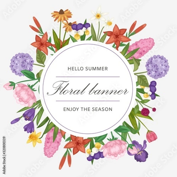 Fototapeta Floral circle banner and garden flowers wreath vector illustration. Flowers for bridal invitation and enjoy season. Hello summer floral lettering wreath with colorful lily, jonquil and iris.