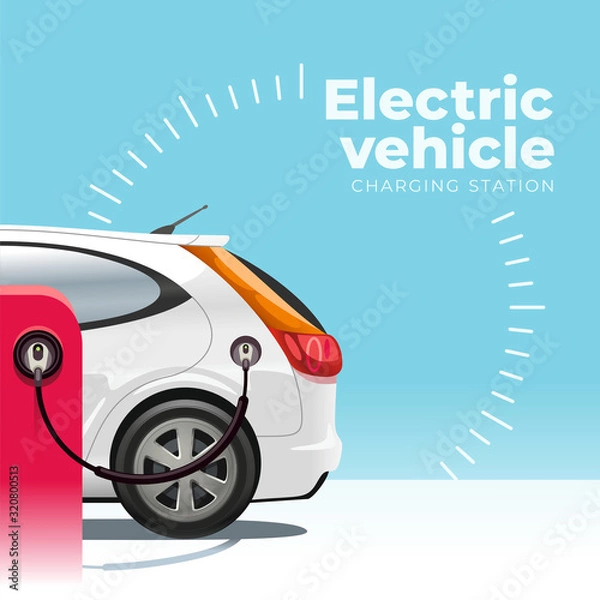 Obraz Eco-friendly electric car is connected by cable and is charged at the charging station. Side view of the rear of the car.