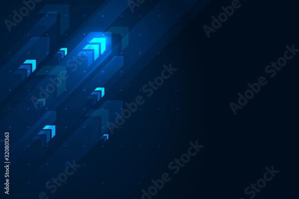 Fototapeta Light arrow up on grid dark background illustration, copy space composition, digital growth concept.	