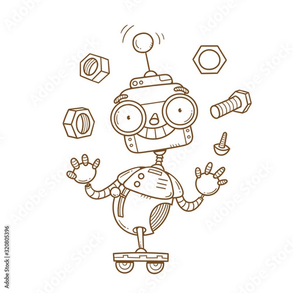 Fototapeta Vector card with a cute cartoon robot. Funny character. Contour image no fill.  Illustration for children.