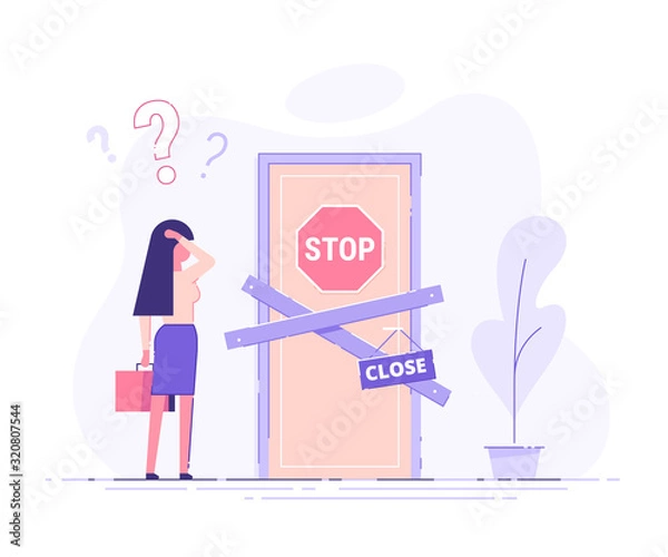 Fototapeta Preoccupied business woman is standing near the closed door and scratching his head. Metaphor of issues and questions. Modern vector illustration.