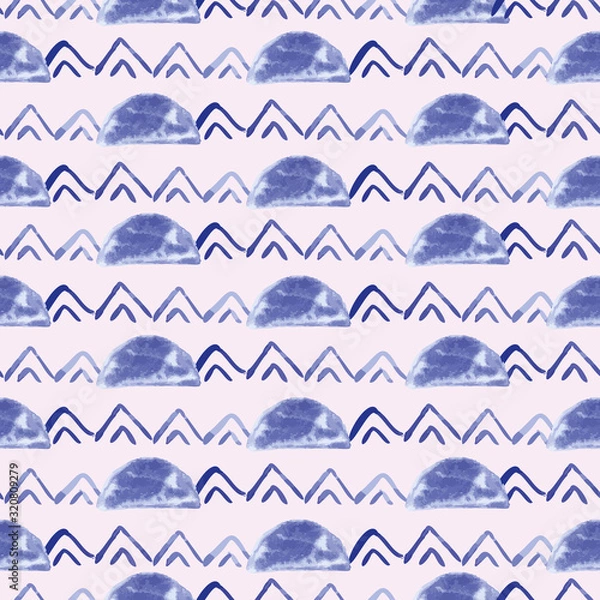Obraz Vector seamless pattern ethnic indigo watercolor with white and blue triangles, semicircles and pink background.