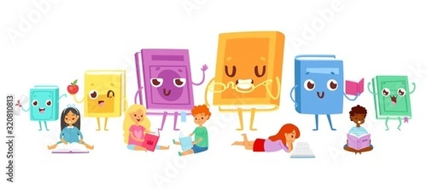 Obraz Małe dzieci, czytanie książek ilustracji wektorowych. Śliczne książki kawaii ze śmiesznymi twarzami i dziećmi siedzącymi i leżącymi. Dzieci uwielbiają czytać książki, pomysł edukacyjny dla bibliotek lub szkół i przedszkoli.