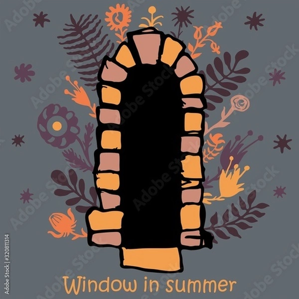 Obraz Ancient window vector illustration of flowers hand drawing silhouette