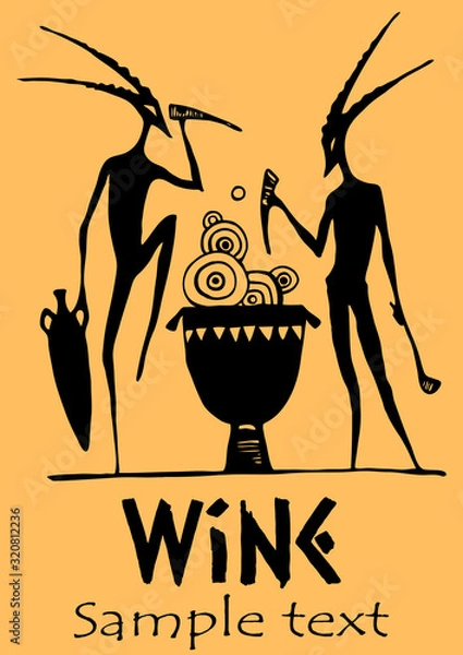 Obraz Wine label satire vector illustration drink hand drawing silhouettes Greek antique wine drinking