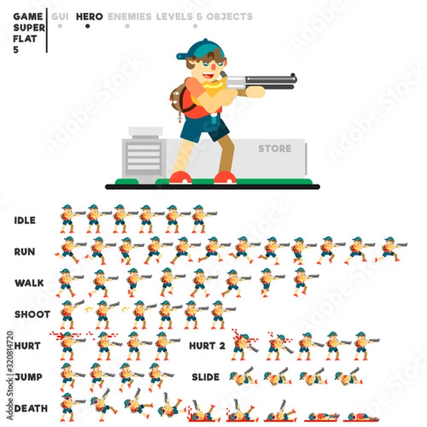Fototapeta Animation of a young man with a shotgun for creating a video game