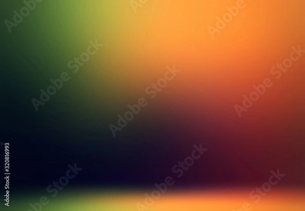 Fototapeta 3d background dark studio decorated green orange gradient. Blurred smooth wall and floor. Empty defocused template. Low light and deep shades.
