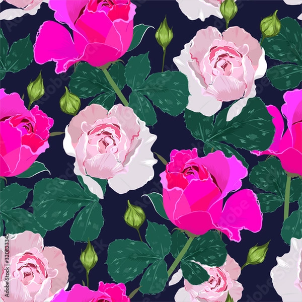 Fototapeta Seamless pattern with blooming roses flowers and leaves. Hand drawn background. floral design for fashion,fabric,web,wrapping,wallpaper